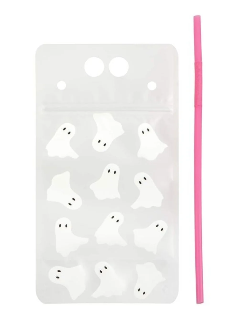 New Halloween Ghost Drink Pouch with Pink Straw - 16 Oz